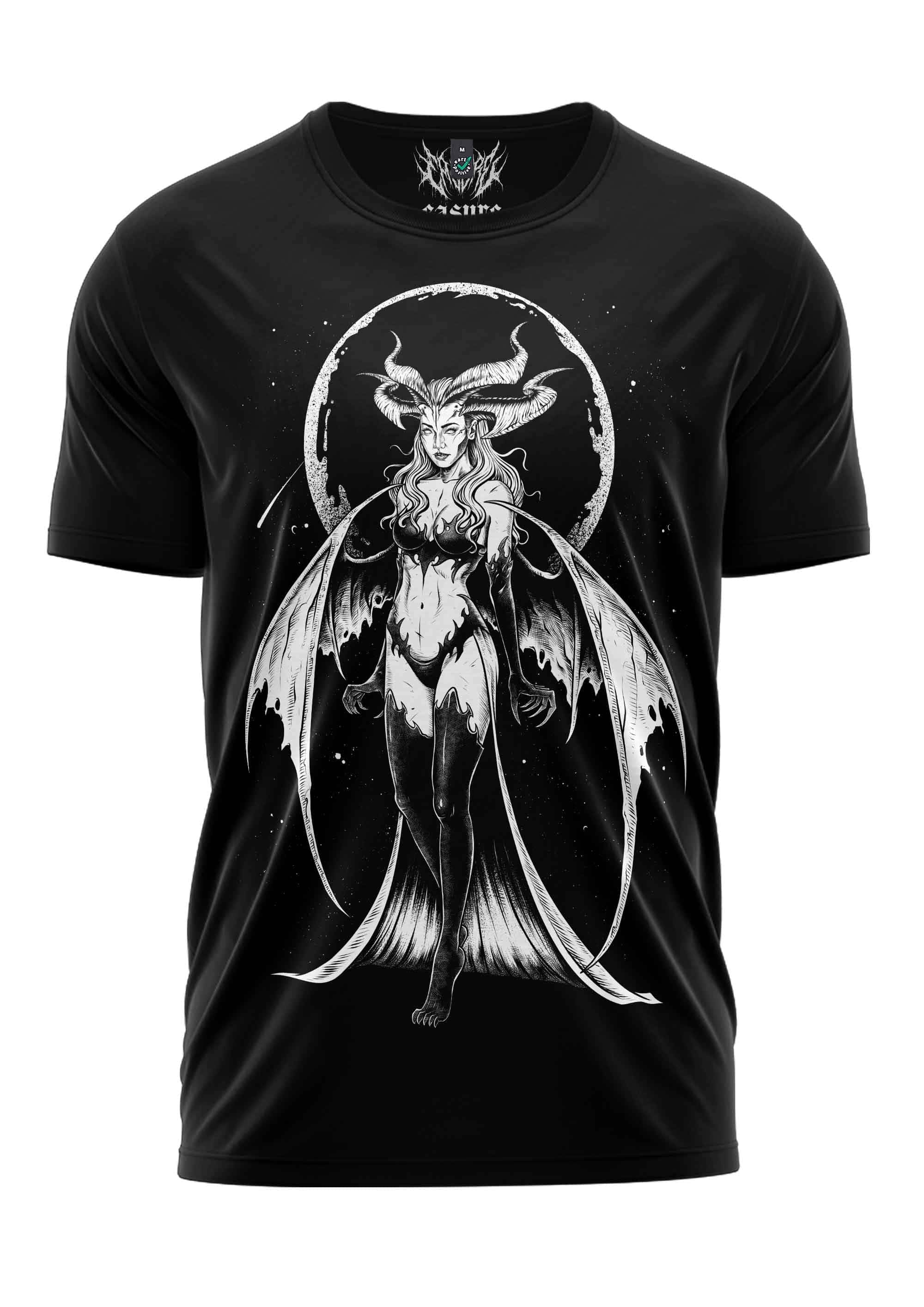Schwarzes kurzarm-gothic-shirt mit weißem horror-design einer geflügelten, gehörnten figur auf rundem hintergrund